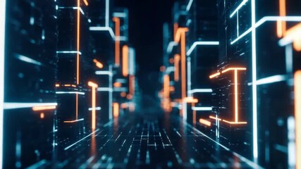 Futuristic cityscape with glowing neon lines and digital elements creating a vibrant atmosphere showcasing technology and innovation in a bustling urban environment - Powered by Adobe