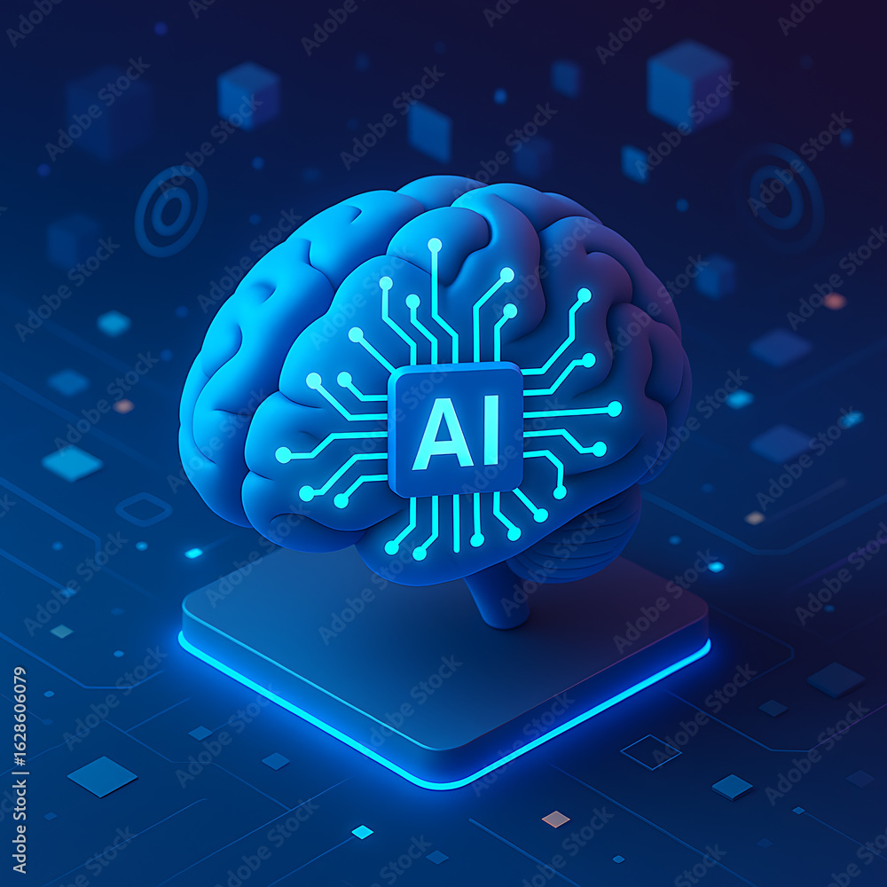 Poster artificial intelligence brain with glowing ai chip and circuit lines, futuristic technology concept 