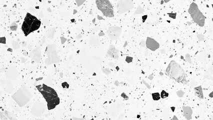 Terrazzo marbled floor texture in black and white showcasing polished granite stone. Terrazzo texture with black and gray fragments on white background for modern interior design style. 