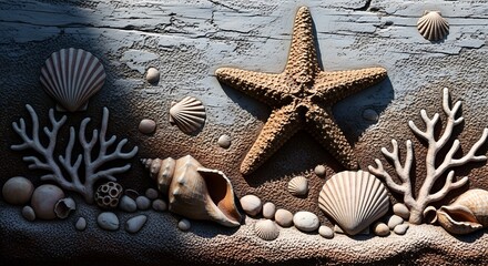 Close-up of a serene seaside arrangement featuring a detailed starfish, various seashells, and coral branches nestled on sandy texture with a rustic wooden background.