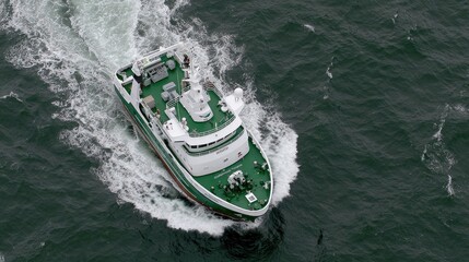 Fototapeta premium A fishing trawler moves through vibrant blue waves, equipped with colorful nets and supplies, showcasing commercial fishing activities