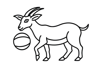 Stylized Goat Outline with Curving Horns and Round Ball, Linear Black and White Artwork, Simple Cartoon Aesthetic
