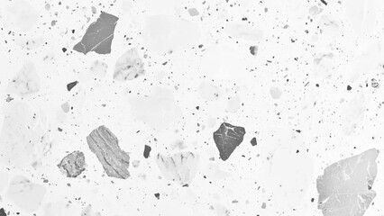 Terrazzo marbled floor texture in black and white showcasing polished granite stone. Terrazzo texture with black and gray fragments on white background for modern interior design style. 