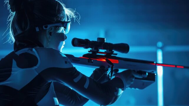 A woman is preparing to shoot in a dimly lit room, possibly for hunting or self-defense