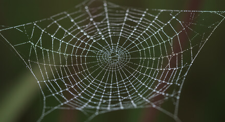 Photograph spider webs in early morning light covered with dew. Focus on symmetry, water droplets, and silky textures. Capture the sparkle and geometry using a macro lens and shallow depth of field.

