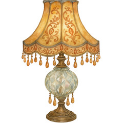 Elegant Vintage Table Lamp with Ornate Shade and Crystal Accents, Watercolor Illustration
