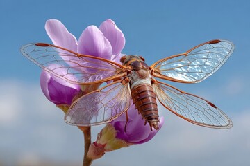 Cicada resting on a pink flower under clear blue sky in a natural setting during warm daylight hours