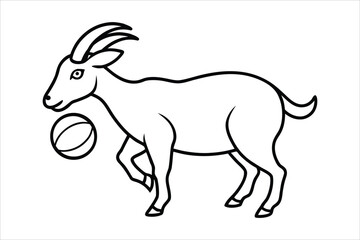 Stylized Illustration of a Goat With Curving Horns Standing Near a Ball in Black and White Outline
