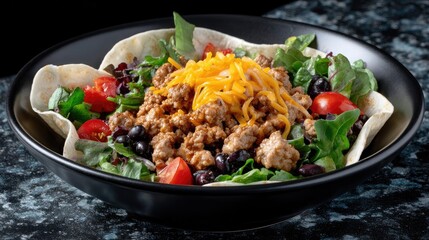 A vibrant tortilla bowl filled with seasoned beef, black beans, melted cheddar, and crisp salad toppings for a savory treat