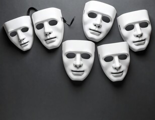 a close up of a group of white masks with faces