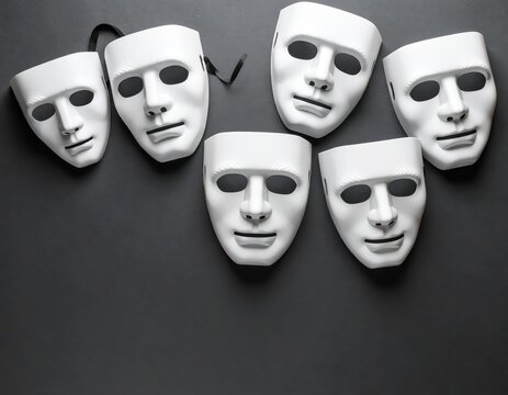 a close up of a group of white masks with faces