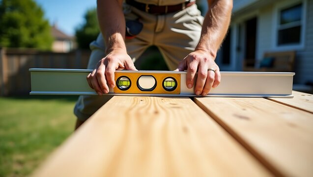 Leveling wood planks for deck construction ensuring accuracy and precision in outdoor carpentry project work