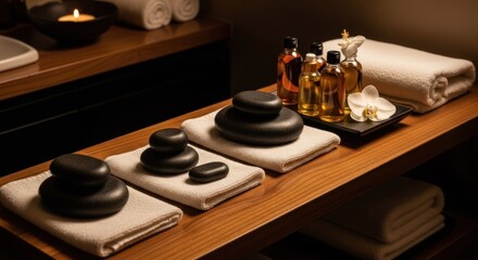 Obraz premium Spa treatment table with stones and oils