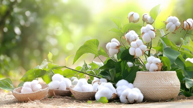 ripe cotton bolls in a sunlit field, surrounded by green cotton leaves, with several woven bowls