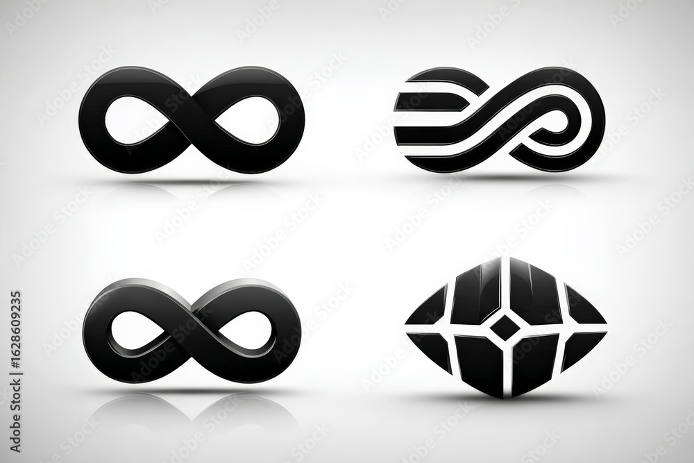 Poster various black icons representing infinity and continuity concepts with sleek designs on a light back