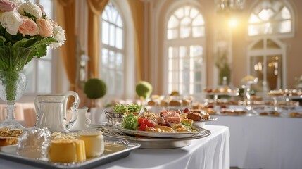 metallic banquet trays filled with lavish dishes, placed on an elegant table in an opulent banquet hall