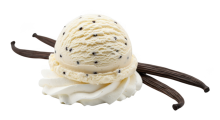 Vanilla ice cream scoop with vanilla beans isolated on transparent background
