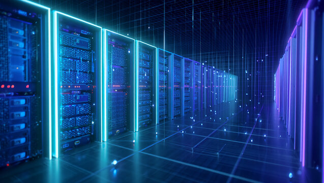 Futuristic server room with glowing blue and purple neon lights and data streams