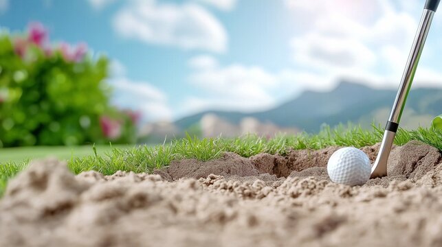 A close up of golfer adjusting the grip on a putter club, standing near a challenging sand trap