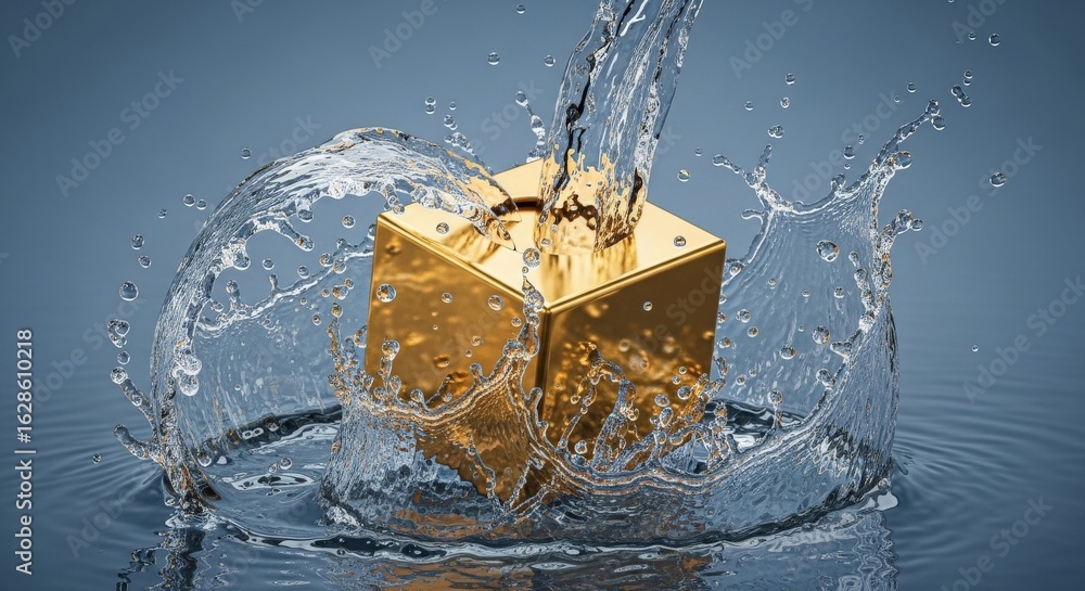 Poster golden cube splashing in water - a golden cube submerged in water creating a dynamic splash. perfect