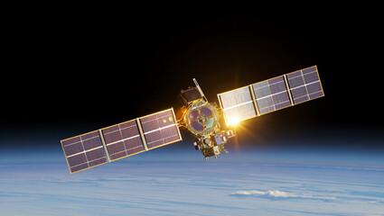 A satellite with solar panels orbits the earth, illuminated by the suns rays