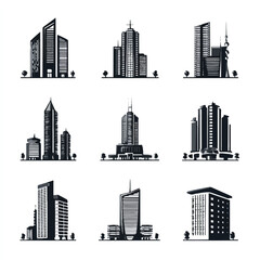 Naklejka premium Diverse collection of abstract city skylines and building silhouettes showcasing modern architectural designs against a clean white background perfect for graphic design elements