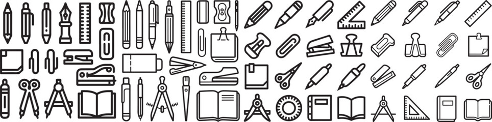 Minimalist Vector Line Icons of Stationery and Office Tools — Pens, Ruler, Pencils, Sharpener, Paper Clips and Notebooks for Graphic Designers and Educators, Graphic Design