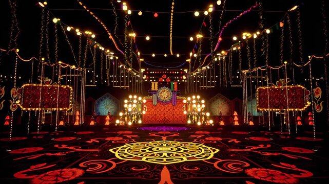 Colorful Navratri celebration stage with neon garlands, lights, and traditional mandala, copy space. Visual for Indian festivals, dance nights, and cultural events