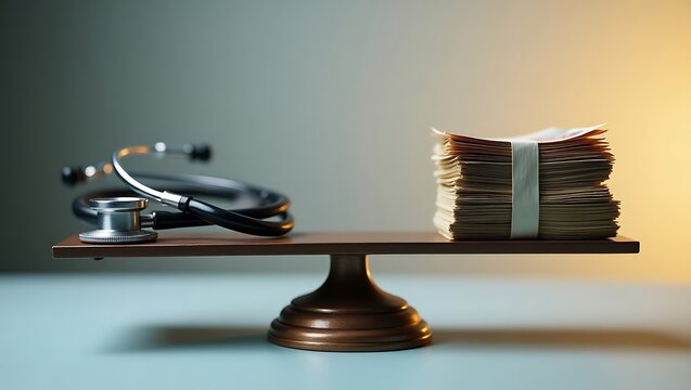 Healthcare costs concept: stethoscope and money on a scale, medical expenses and health insurance