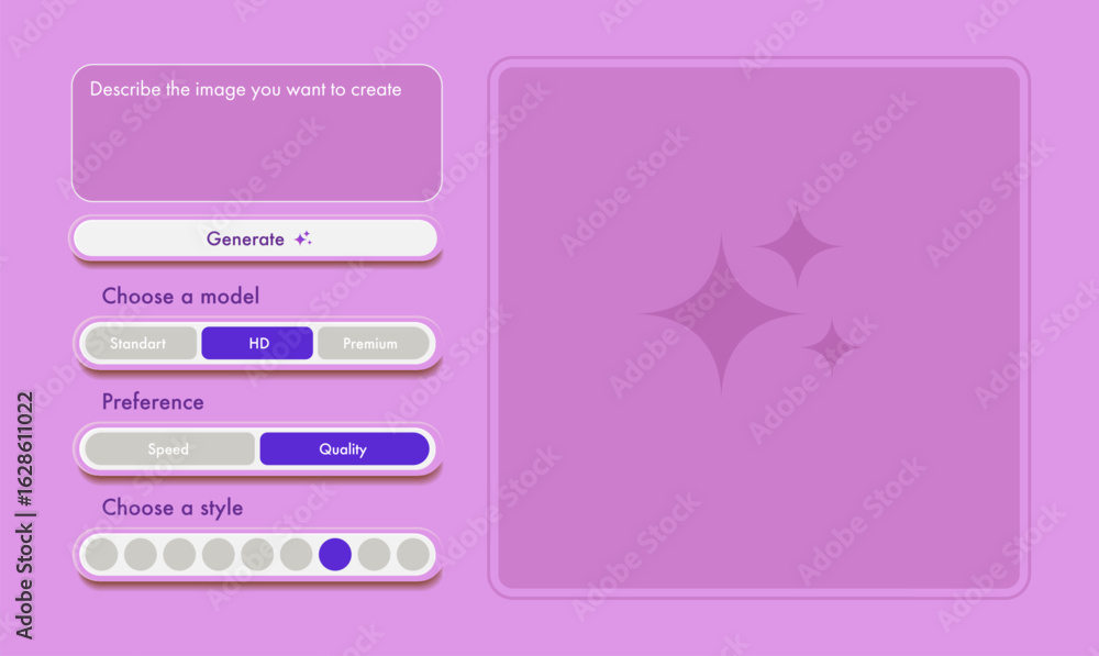 Aufkleber generate ai image user interface with tools, button, window for promt text pink color. artificial in