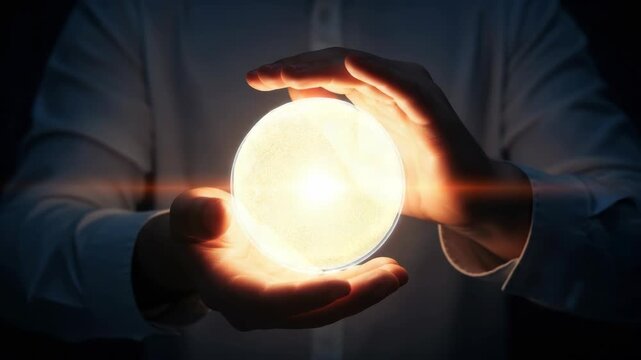 A person in a white shirt holds a glowing orb of light between their hands symbolizing energy and creativity against a dark background suggesting a moment of inspiration or discovery