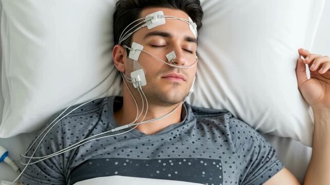 A Man Undergoing a Polysomnography Test with Wires on His Face