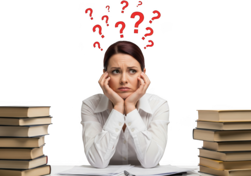Woman surrounded by books with question marks above her head, looking confused and stressed, isolated on transparent background - Powered by Adobe