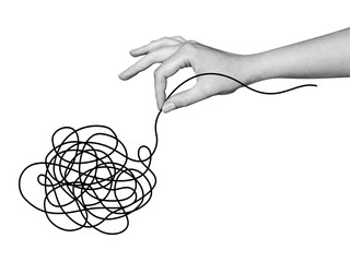 Abstract hand drawing. Tangled line. Psychology, Concept of thinking, finding a solution. Chaotic...