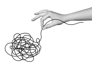 Abstract hand drawing. Tangled line. Psychology, Concept of thinking, finding a solution. Chaotic thoughts. Labyrinth. Complex task. Emotions of tension, anxiety. Reason.