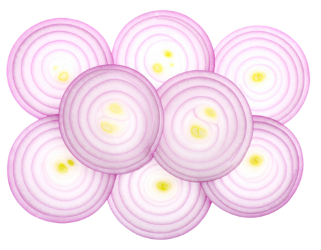 Thin Circular Red Onion Slices Arranged in Overlapping Pattern, Top-Down View, Isolated on White - Powered by Adobe