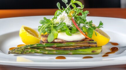 A plated dish of grilled asparagus, topped with a sprinkle of parmesan cheese