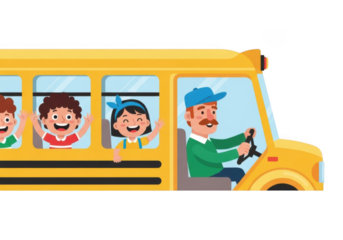 Happy children waving from a yellow school bus with a friendly driver, isolated on transparent background