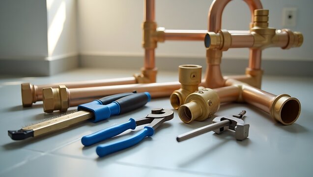 Plumbing tools and copper pipes for plumbing repair and installation projects home improvement and diy work