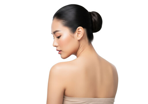 Beautiful young asian woman with hair in a bun, showing her back and shoulder, isolated on transparent background
