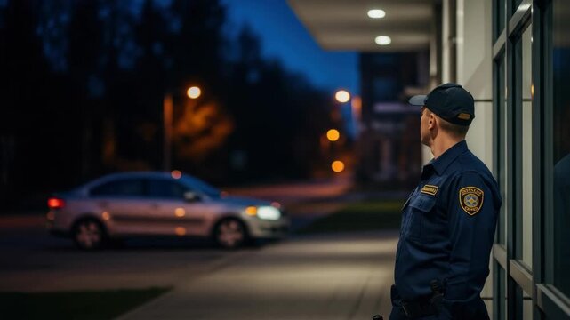 Nighttime security officer stands vigilant outside a building observing a parked car in a quiet urban street with streetlights casting a warm glow in the background ensuring safety and order