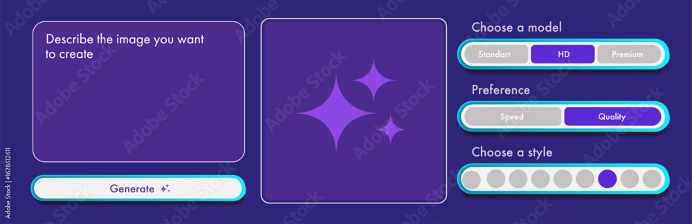 Poster generate ai image user interface with tools, button, window for promt text trendy style. artificial 