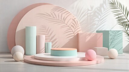 Minimalist pastel geometric podiums with palm leaf shadows and spheres platform soft