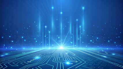 Blue digital circuit board with glowing light beams and particles technology futuristic