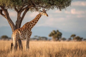 Giraffe standing gracefully under a tree in the savanna at sunset in Africa