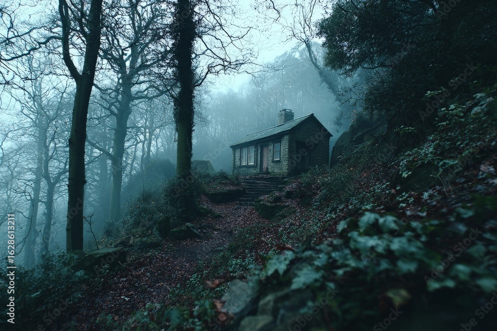 Poster mysterious cabin surrounded by fog and trees in a quiet forest setting