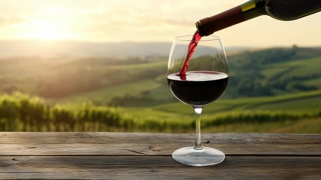 Glass vineyard glow: wine cup, twilight sky, amber beam, lush field, gentle shimmer, evening calm, scenic expanse, rustic touch, peaceful frame, radiant shine, tranquil stretch, golden landscape
