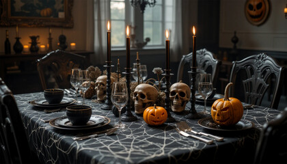 Spooky Halloween dinner party with skull decorations and glowing candles for a unique celebration of the spooky season