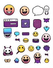 Collection of assorted cartoon style emojis and icons with various expressions and objects scattered around