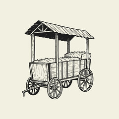 Black and white illustration of hayride wagon isolated on white background